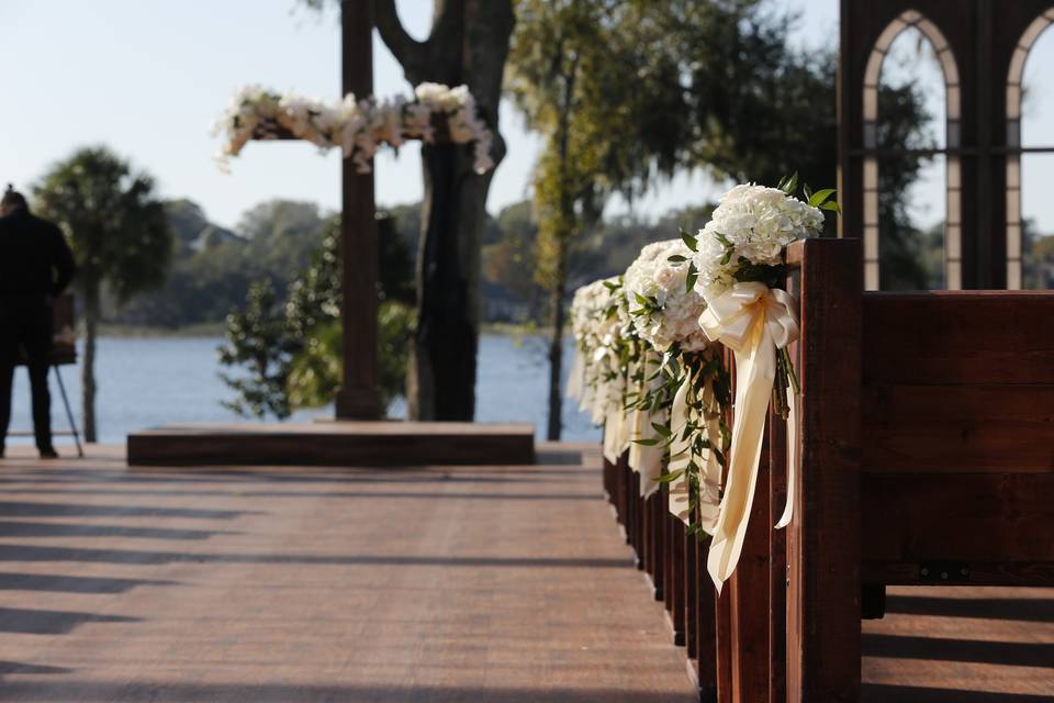 Open-air classic church wedding on the lake