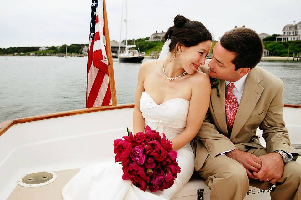 A loving couple on a boat