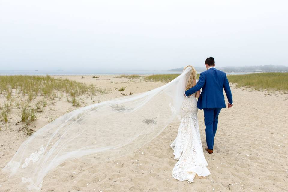 Veil blowing in the wind on beach