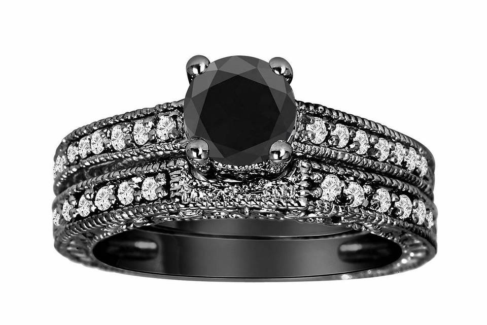 Black diamond engagement ring set