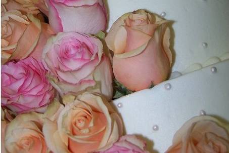 4-tier buttercream with edible pearls and fresh cabbage roses