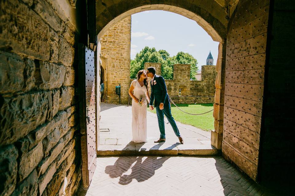 Bride and groom kissing