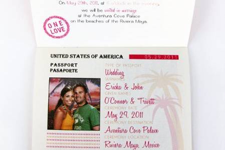 Custom tropical passport invitations.  Great for destination weddings!