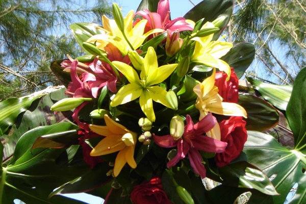 Tropical lillies form the top of this ceremony arch for beachfront wedding