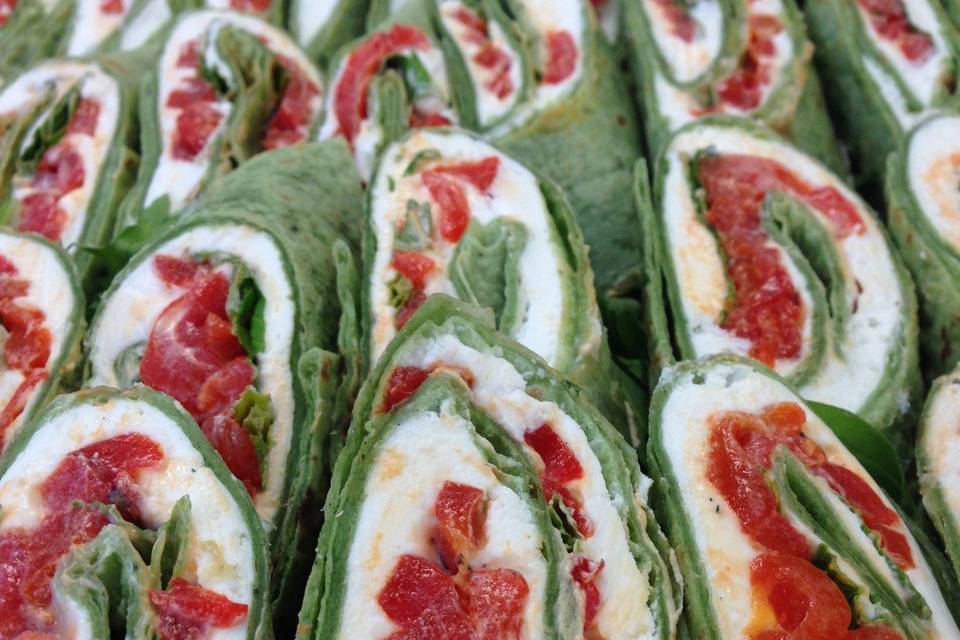 Mint, roasted red pepper and goat cheese pinwheels