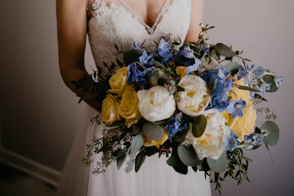 Delphinium, peonies, eucyptus