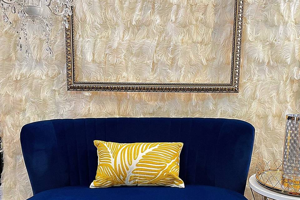 Velvet loveseat and feather wall