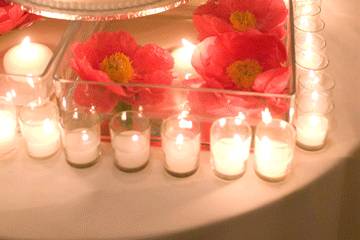 Roses and peonies by candlelight, the cake shone.