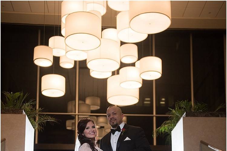 Bride and groom on stairwell