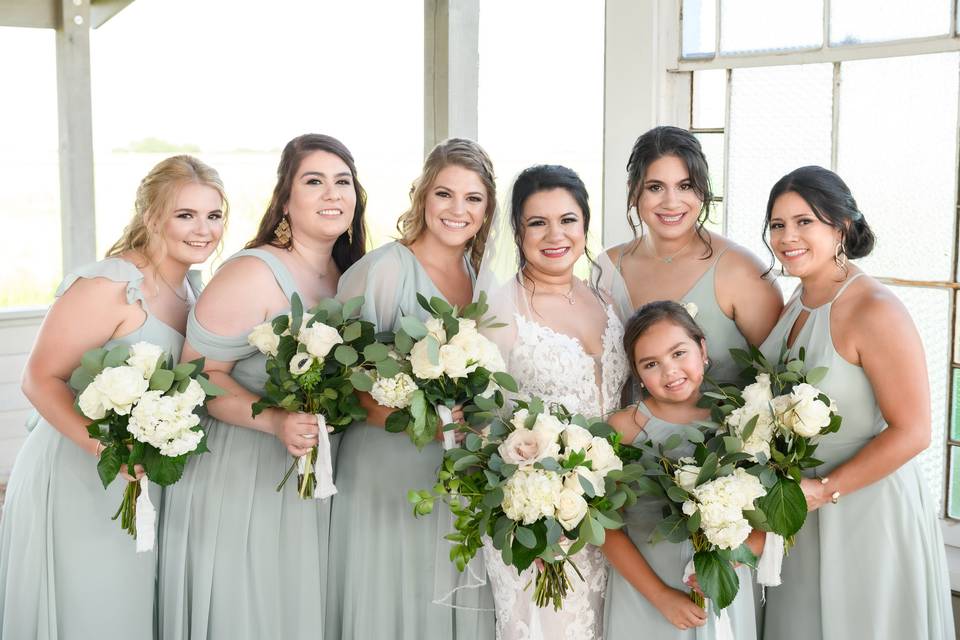 Bridesmaids and bridal bouquet