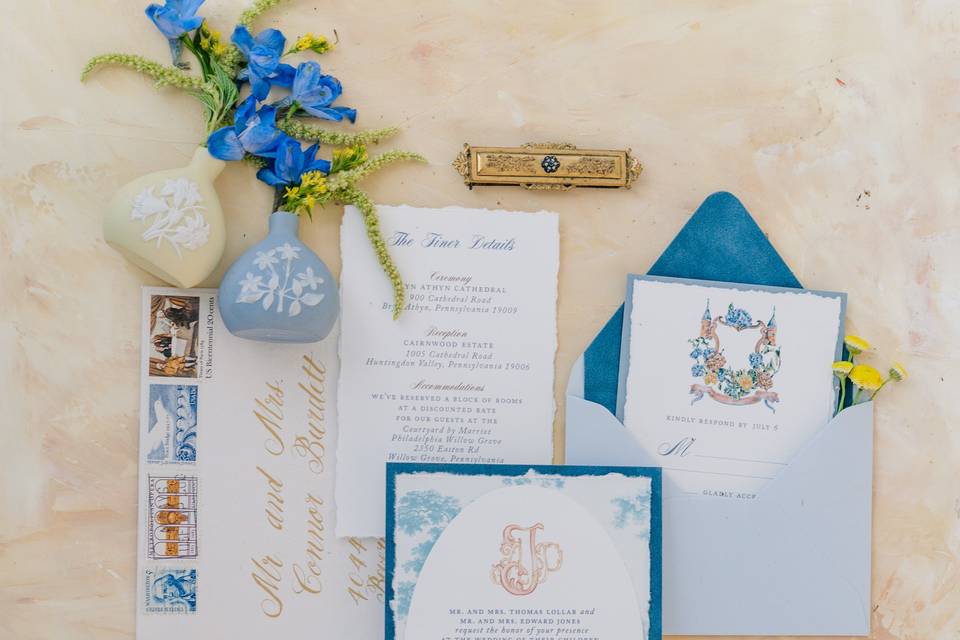 Blue and peach wedding paper