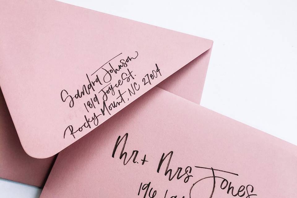 Calligraphy on dusty rose envelope