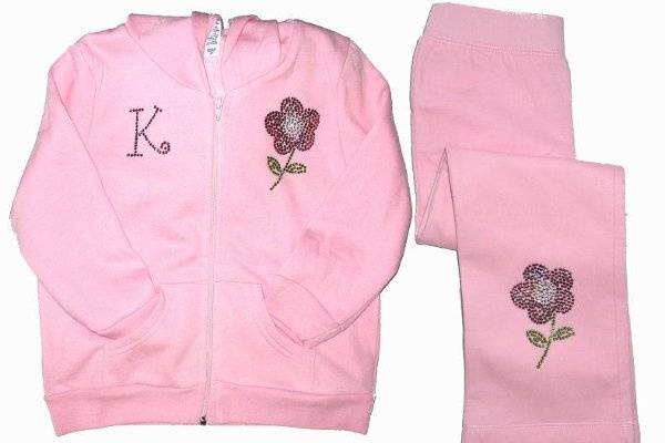 Flower Girl Hoodie and Pants set personalized with her initial, in several colors.