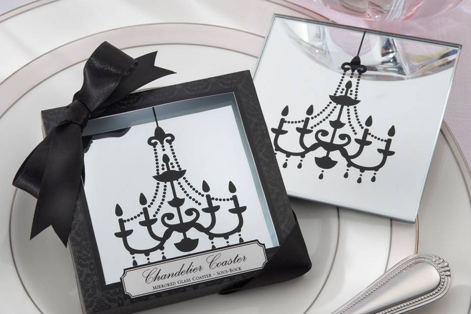 These elegant mirror coasters boast a spectacular chandelier giving a very classic look.  Makes a great party favor or wedding shower decoration.  Sold in sets of two, they come with Advantage Bridal's fast shipping and low price guarantee.