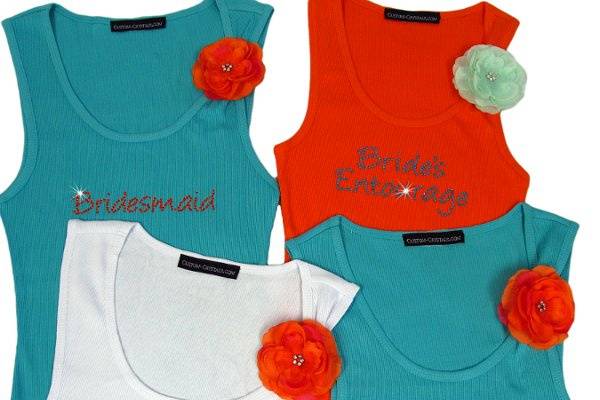 Bridesmaid tank tops and t-shirts custom made just for you! Choose from dozens of colors and crystal colors, fonts, etc. to dress up your bridal party!