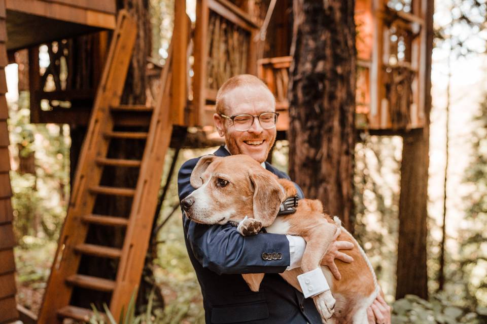 Groom holding Senior Beagle