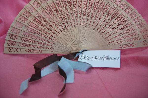 Provided fans & custom tags with hand-dyed silk ribbons for outdoor wedding.