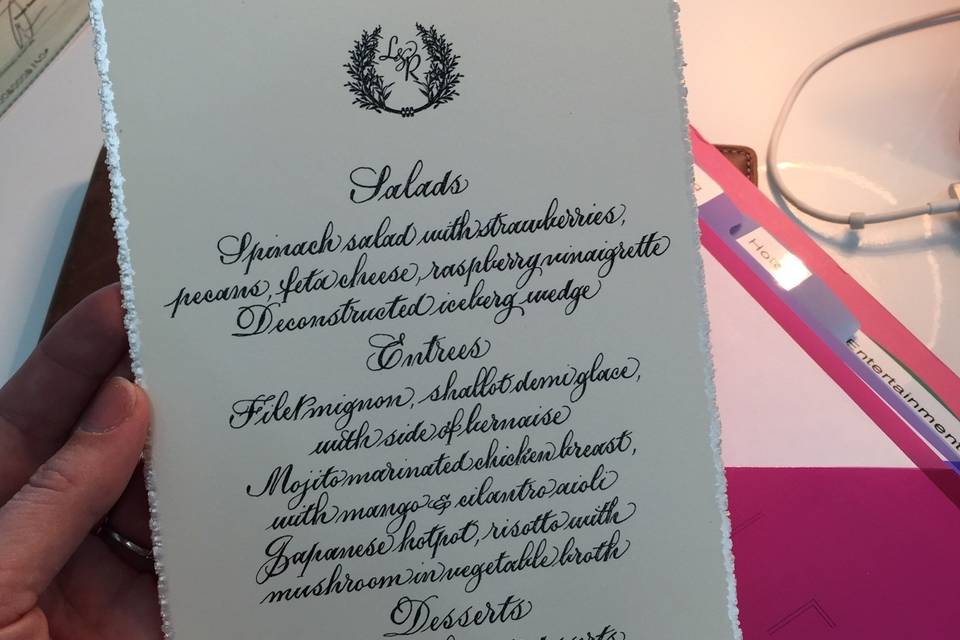 Wedding rush menu, Calligraphy by Elaine camera-ready artwork, paper, & printing.