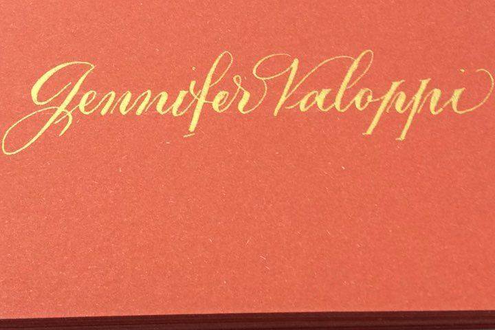 Custom raised gold calligraphy on Dinner Cards for Luxury Brand Vhernier.