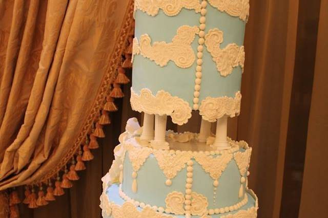 Back of blue wedding cake