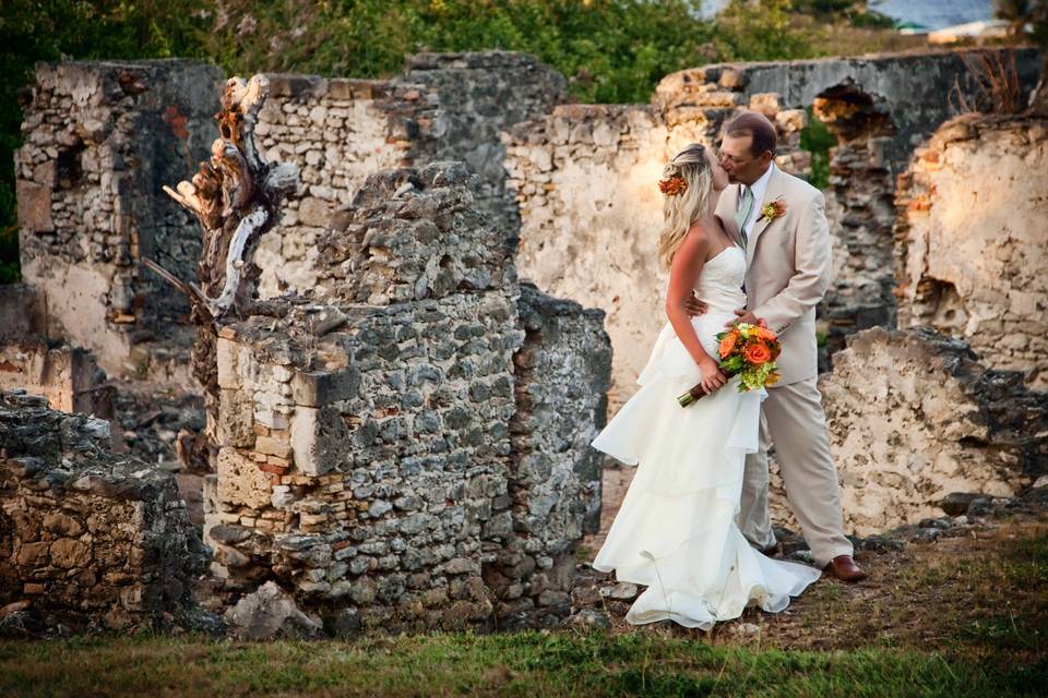 Newly married Mr. & Mrs. at historic ruins in Estate Judith's Fancy on St. Croix, US Virgin Islands