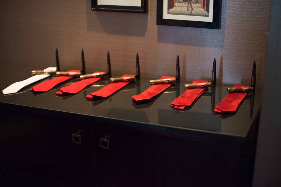 .50 Caliber Bottle Openers, ties, and cigars for groomsmen gifts