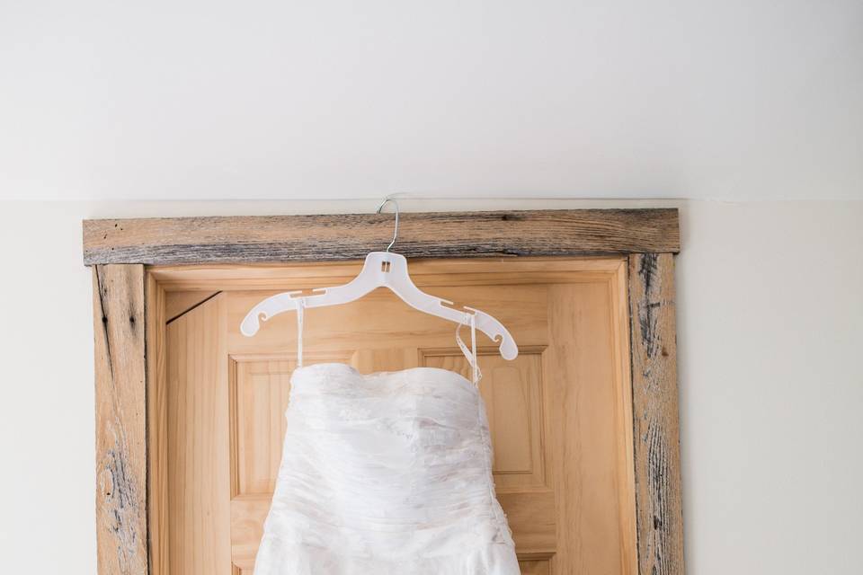 Wedding dress in bunkhouse bridal suite