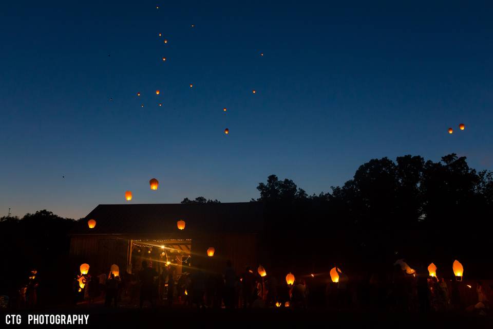 Paper Lanterns at Night over Historic SanaView Farms Barn