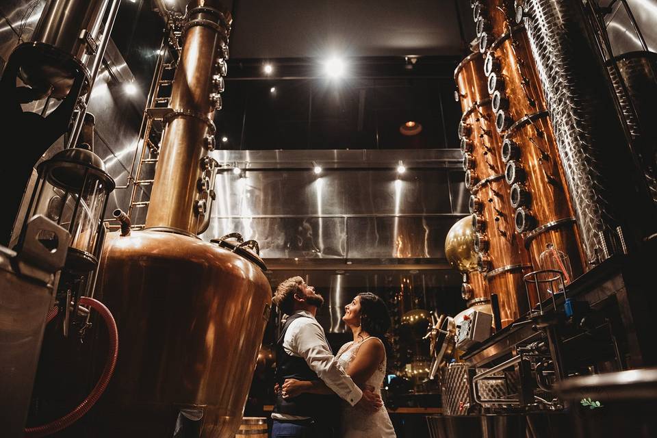 Bride and Groom in Distillery