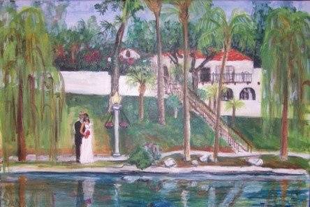 Bride and Groom overlooking lake at Rancho Capistrano.