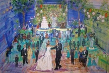 Wedding dance is painted live while guests watch.