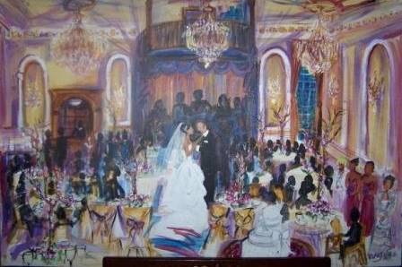 Wedding dance painted in regal ballroom.