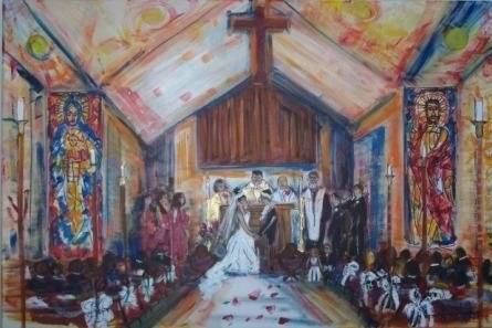 Beautiful stain glass windows featured in this painting of church ceremony.