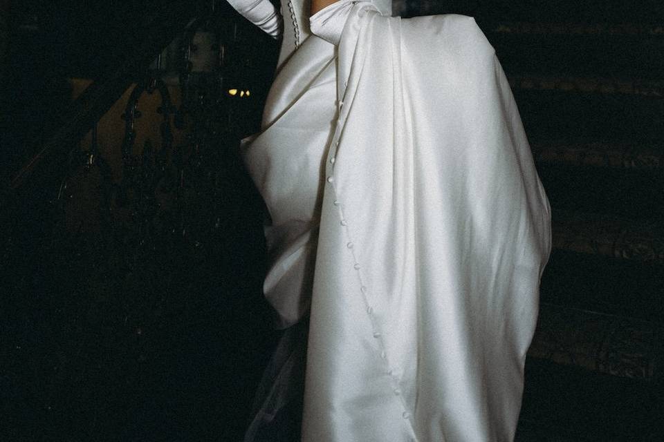 Bride ascending staircase