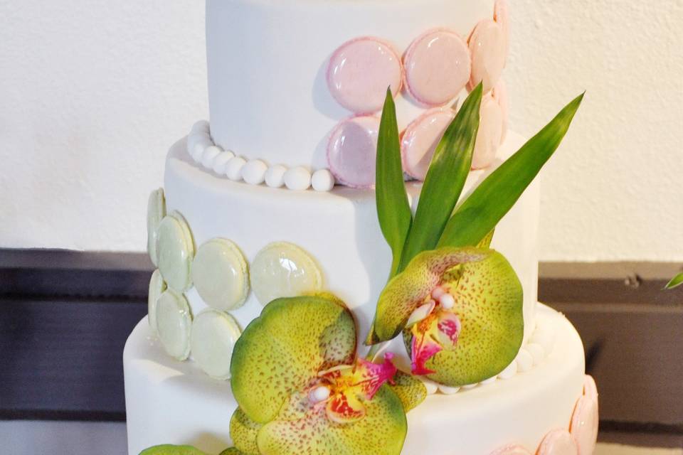French Macarons Duo Wedding Cake with Fresh Orchid Flowers by Art Of Cooking new Wedding cake and Dessert food station collection.For more information go to :http://www.aoclasvegas.com