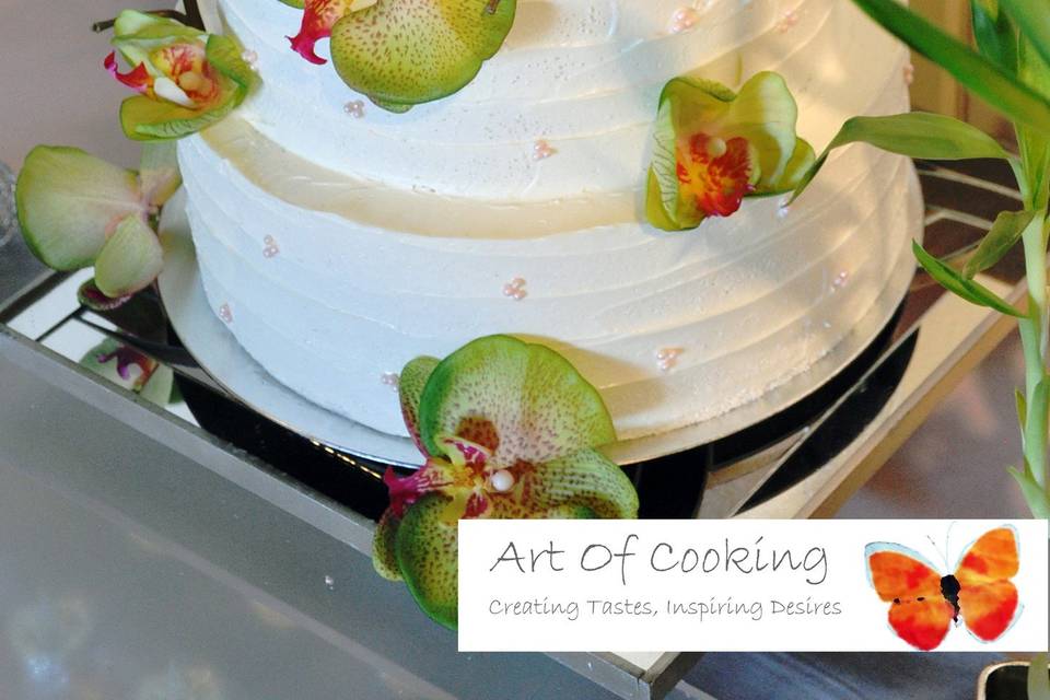 Tropic al Garden Wedding Cake topped with Fresh Green Orchid by Art Of Cooking new Wedding cake and Dessert food station collection.For more information go to :http://www.aoclasvegas.com