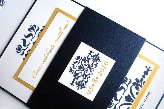 Wedding Invitations -- Brocade Set w/ Belly Band - Metallic Navy Blue Gold. $4.75 per set (50-99)
This beautiful Barcode design Wedding Invitation, with metallic gold, and navy belly band is perfect for any wedding. The romantic look of this design will definitely be remembered by all of your guest. This invitation like all of our invitations, can be customized to fit your unique color palette. Coordinating folded or flat thank you cards, reception card, dinner menus, favor tags, save the date cards, are also available in this style. This design can be incorporated onto all of your party stationery if desired.