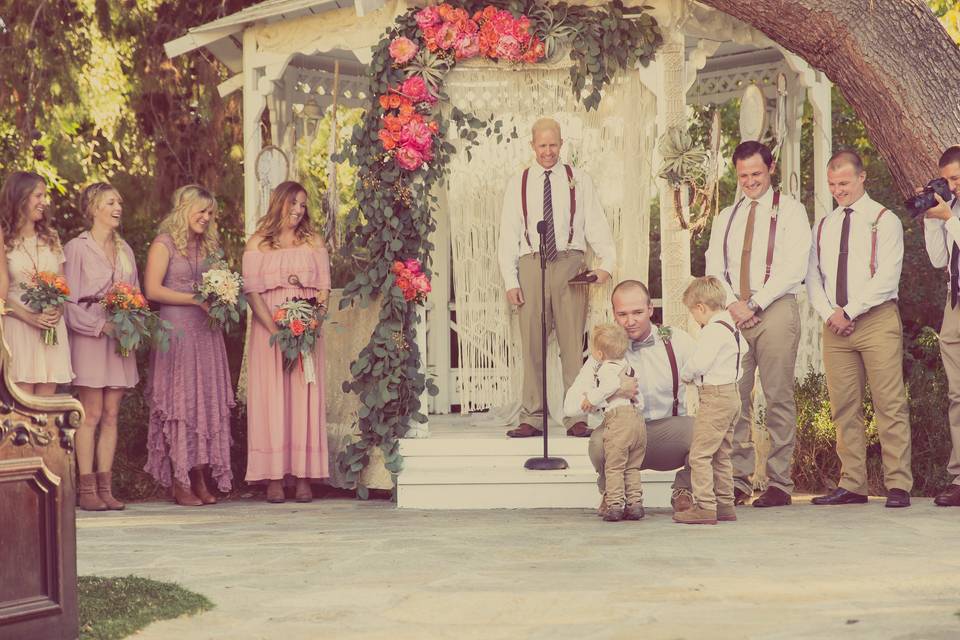 Bridal party waiting for the bride. We decorated Green Gables Estate's gazebo with the bride's macrame backdrop, some dream catchers, and a floral arch piece to bring the focus to the front of the gazebo rather than inside it. I, along with Casey Schostag (also maid of honor, pictured here) created the floral pieces as well as the boutonieres and bridal party bouquets. Anibaldi Studios did an amazing job capturing the event.