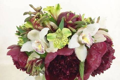 Maroon floral table centerpiece