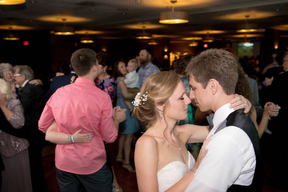 Reception photos, first dance at Peachtree Catering & Banquet Hall in Columbia MO.