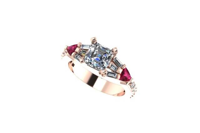 Gold ring with red and silver stones
