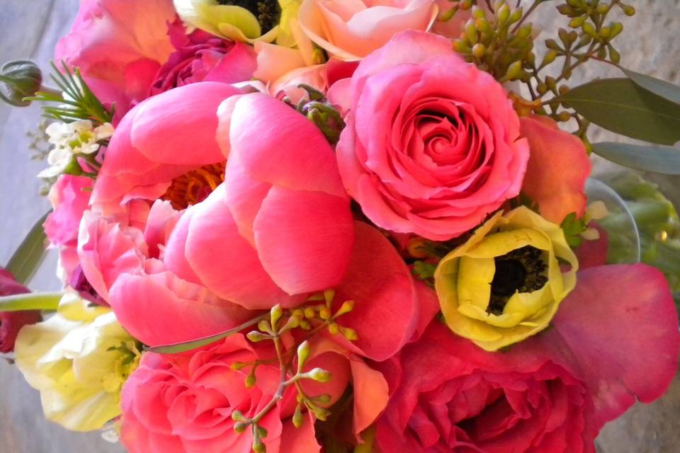 Hot Pink Peonies, White Anemones, and Hot Pink Garden Roses, with waxflower and seeded eucalyptus