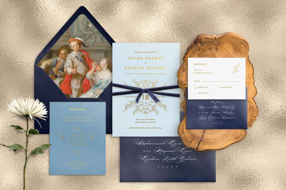 Navy blue with gold foil