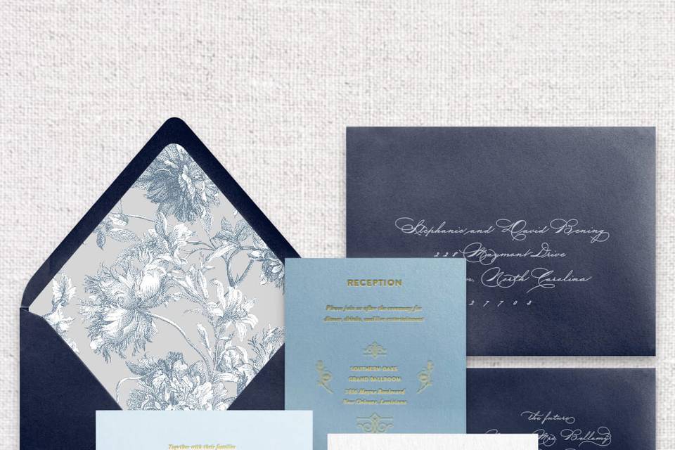 Navy blue with gold foil