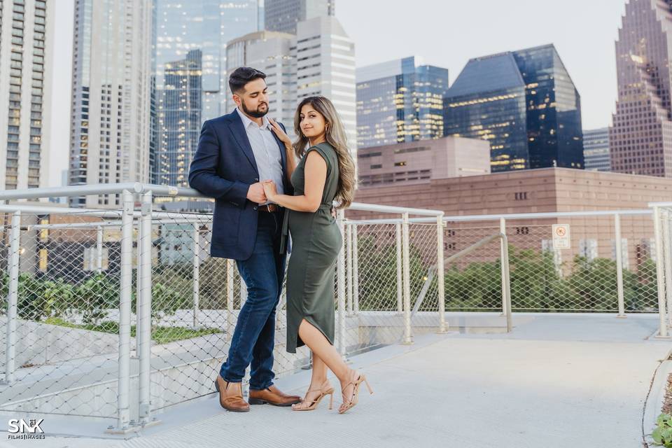 Couple in front of downtown