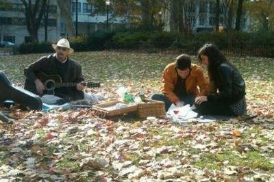 A surprise wedding proposal in Rittenhouse Square, Philadelphia. Hal Aaron entertained while they had a romantic  picnic complete with champagne, a loaf of bread and... me. Oh, and a  beautiful ring. Once again, she said 