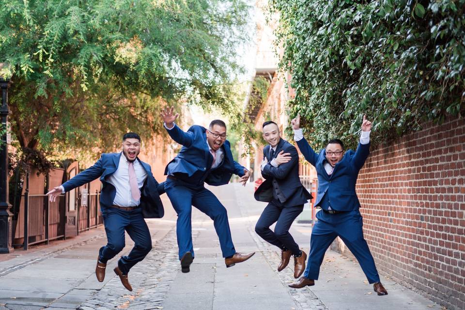 Groomsmen jumping for joy!