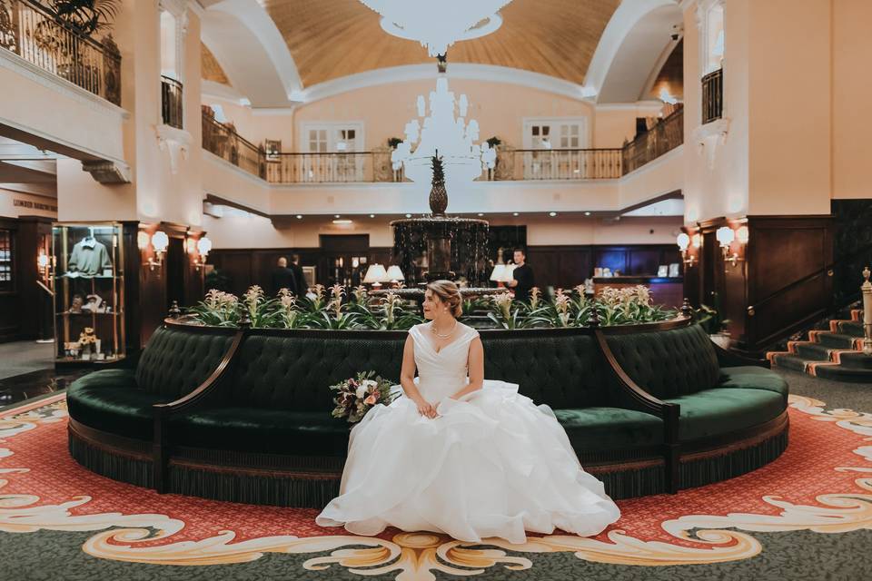 Bride in hotel lobby