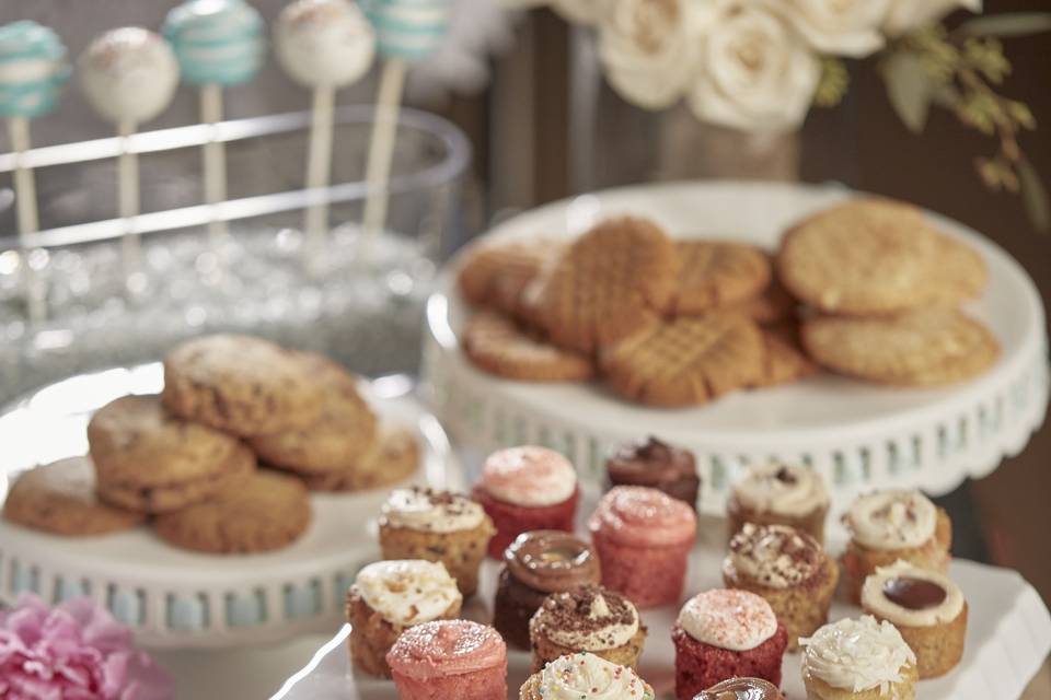 Dessert Bar with Minis, Cookies, CakePops, and flowers