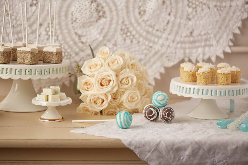 Wedding/Event table design with Minis, S'mores Marshmallow Pops, White Chocolate BonBons, Cake Pops in two flavors and Raw Sugar Sticks in two colors